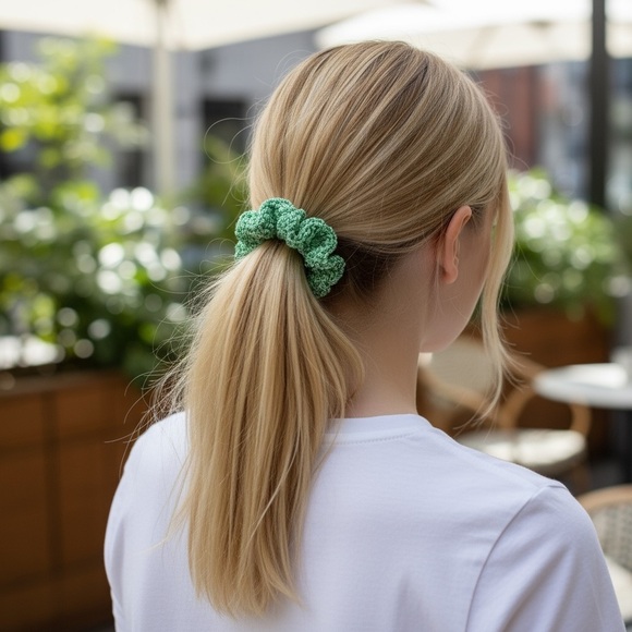 Emerald Green Nylon Crochet Hair Scrunchie - Picture 3 of 6